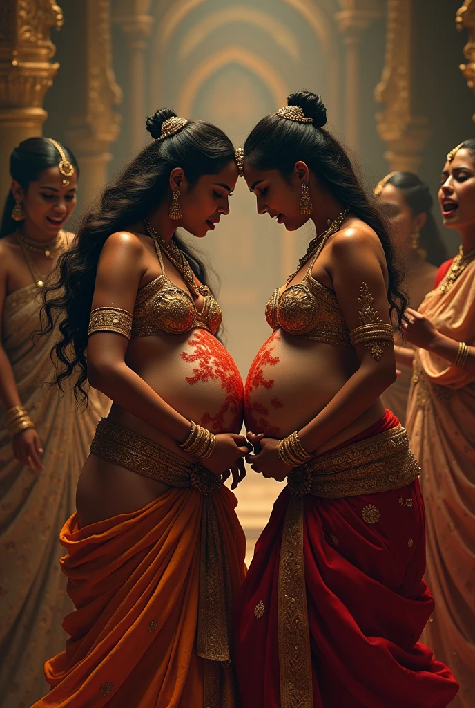 Two pregnant indian queens stabbing each other violently in the stomach with knives in the royal bed chambers,  with their servents watching and crying 