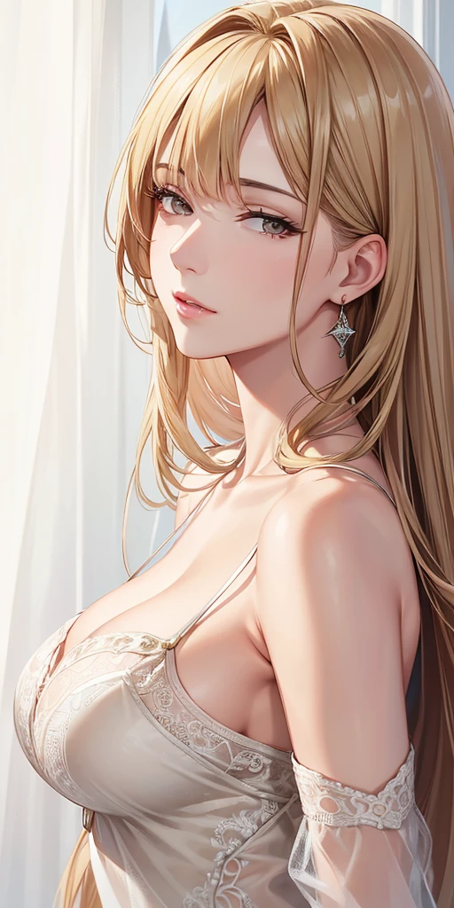 (Highest quality, High resolution), Portraiture, Upper Body, elegant, Adult female, Brown eyes, Long Hair, Side bangs, [[Brown Hair]], (Blonde), Broad shoulders, Slip dress, Cleavage, White Curtains, Ultra-fine CG 8K