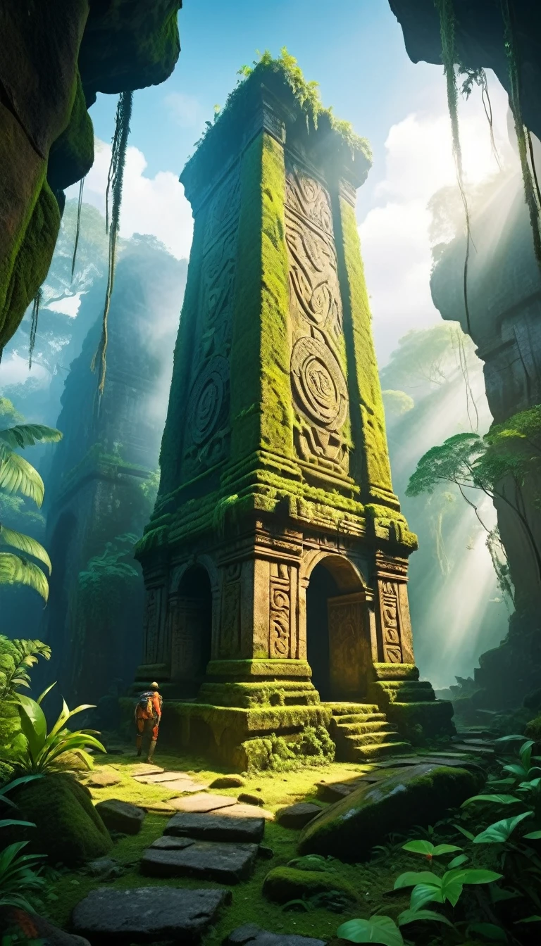 A team of geologists discovers glyphs on a wall covered in vegetation and jungle, lush rainforest, Ancient Ruins, mysterious stone carvings, detailed exploration, (best qualityer,4K,8k,high resolution,work of art:1.2),ultra detali,(realisitic,photorealisitic,photo-realisitic:1.37),bright coloured,cinematic lighting,Epic adventure,dramatic composition,volumetric Fog,godrays,details Intricate,ancient artifacts,archaeological expedition,dense foliage,mossy stones,vines and creepers,sunlight filtered through the leaves,rugged terrain,Adventure illustration