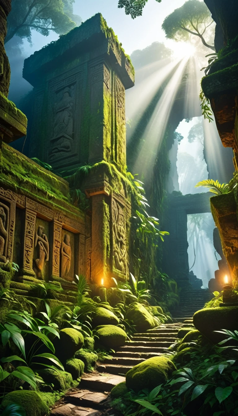 A team of geologists discovers glyphs on a wall covered in vegetation and jungle, lush rainforest, Ancient Ruins, mysterious stone carvings, detailed exploration, (best qualityer,4K,8k,high resolution,work of art:1.2),ultra detali,(realisitic,photorealisitic,photo-realisitic:1.37),bright coloured,cinematic lighting,Epic adventure,dramatic composition,volumetric Fog,godrays,details Intricate,ancient artifacts,archaeological expedition,dense foliage,mossy stones,vines and creepers,sunlight filtered through the leaves,rugged terrain,Adventure illustration