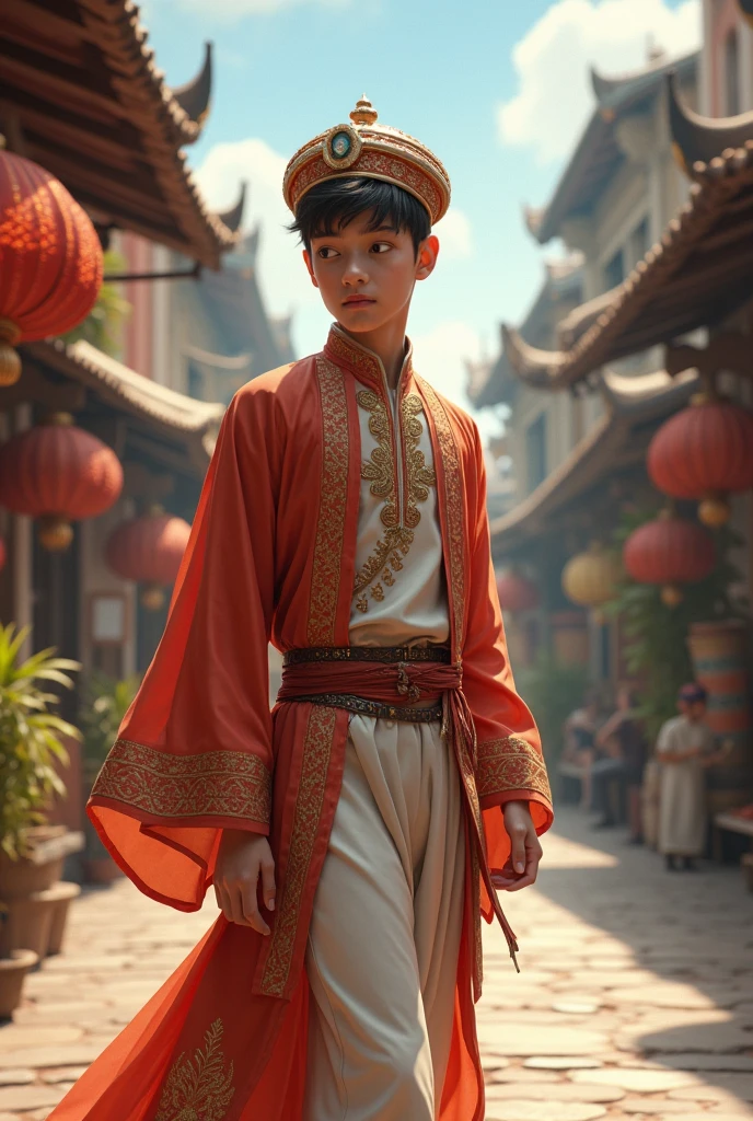 young handsome teenage boy wearing classical traditional Malay attire walking in the beautiful city of malacca sultanate 