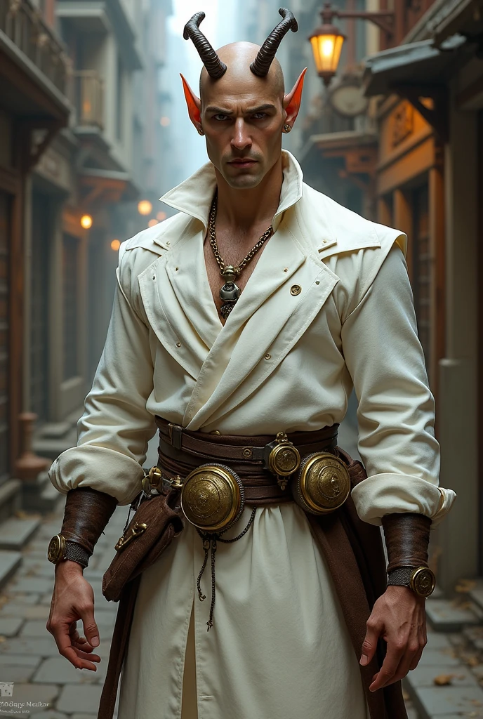 French Tiefling men for Dugeons and dragons,bald ,tunic color white ,magician, tematic Steampunk 