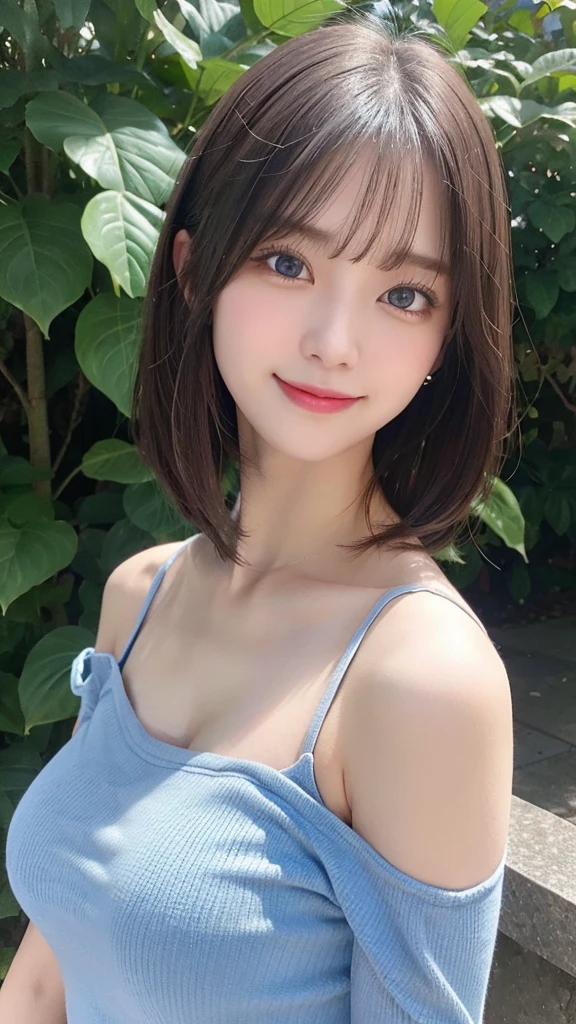 One girl, , blue eyes, Exposing shoulders, chest, huge chest, short hair, Gray Hair, Hair on one eye, bangs,whole body , No sleeve, alone, Tank top, , white Tank top, No sleeve , 手をchestに当てて揉んでいる, Off the shoulder, , smile, (masterpiece), (Highest quality), (Super detailed), Outdoor, Modern Background, blue flower, Big Breasts,