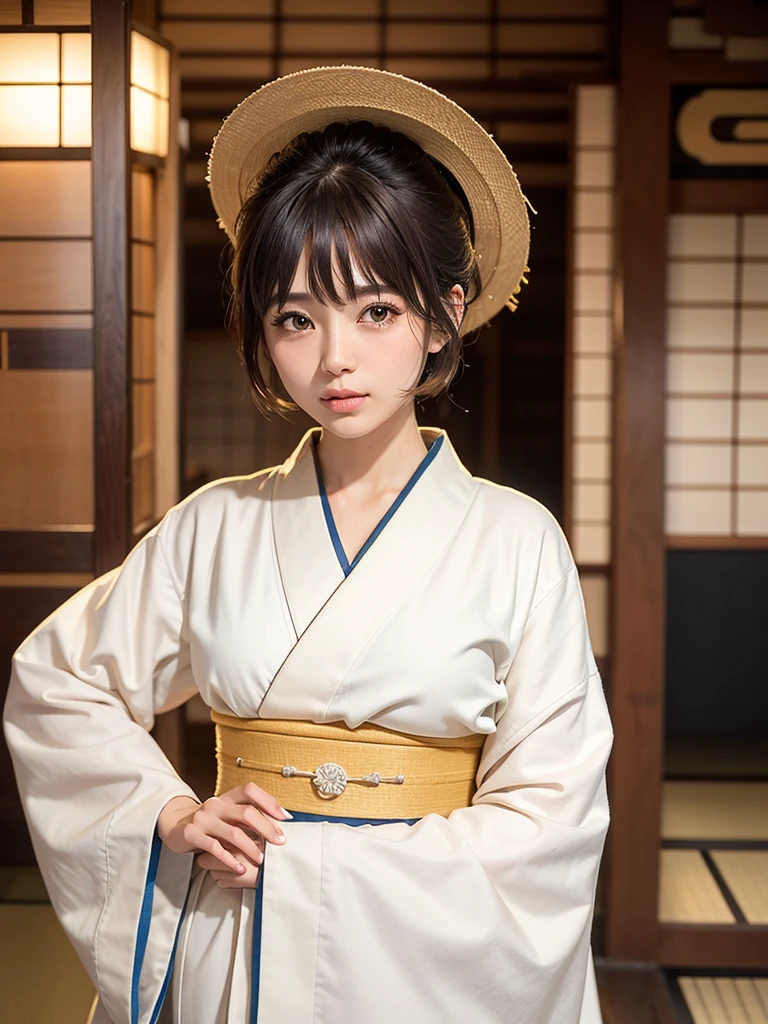 ( bangs, blunt bangs, brown hair, short hair, Straight hair, Depth of written boundary, f/4.0, 135mm, Nikon, uhd, masterpiece, Textured skin, Super detailed,4K,Wide-area lighting),(Beautiful woman: 1.4、Very white skin、Fine grain、 double eyelid)、(((Wearing a kimono、Full body view、Sengoku period、Japanese-style building)))