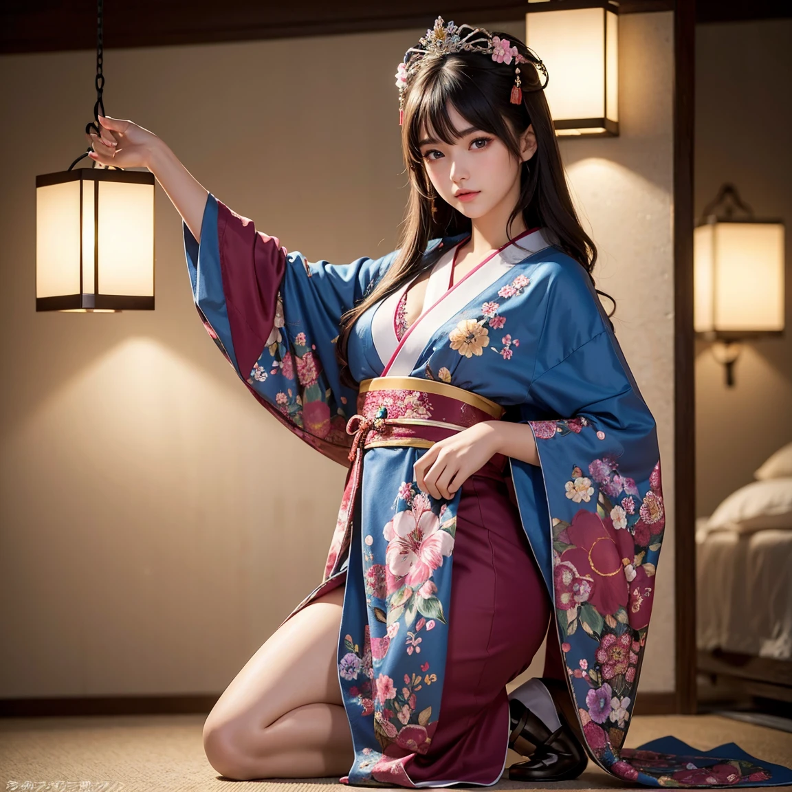 Japanese cyberpunk high fashion of Oiran kimono cool girl, kimono punk, cyberpunk, pink and blue neon color, full body standing, (Dynamic light and shadow, High resolution, Sharp focus, Depth of written boundary), against bright pink background, nsfw