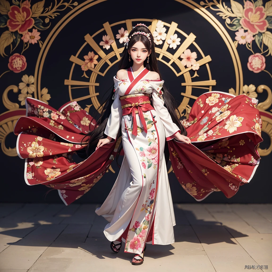 (masterpiece, best quality), ultra detailed, high resolution, 16k, the most beautiful face in the world, perfect face, delicate facial features, highly detailed beautiful face and eyes, shiny skin, highly detailed background, elaborately designed, fine cloth texture, perfect anatomy, BREAK, (gorgeous and stunning age girl in Japanese clothes:1.2), perfect make-up, deeply in love, full of elegance, ideal body, (floral pattern body paint:1.2), solo, (full body:1.5)
