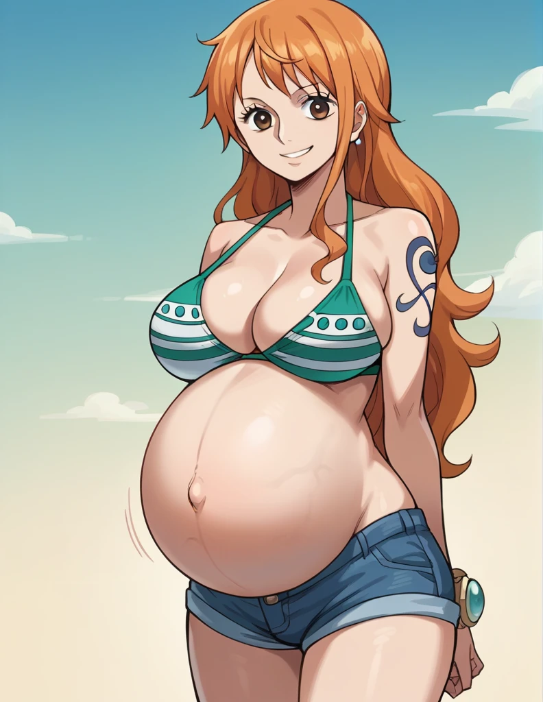 score_9, score_8_up, score_7_up, source_anime, best quality, clear face, 1girl, nami, NAAmi, orange hair, blue eyes, large breasts, white bikini, shorts, cleavage, smile, looking at viewer, sky, standing, pregnant belly, huge belly, belly