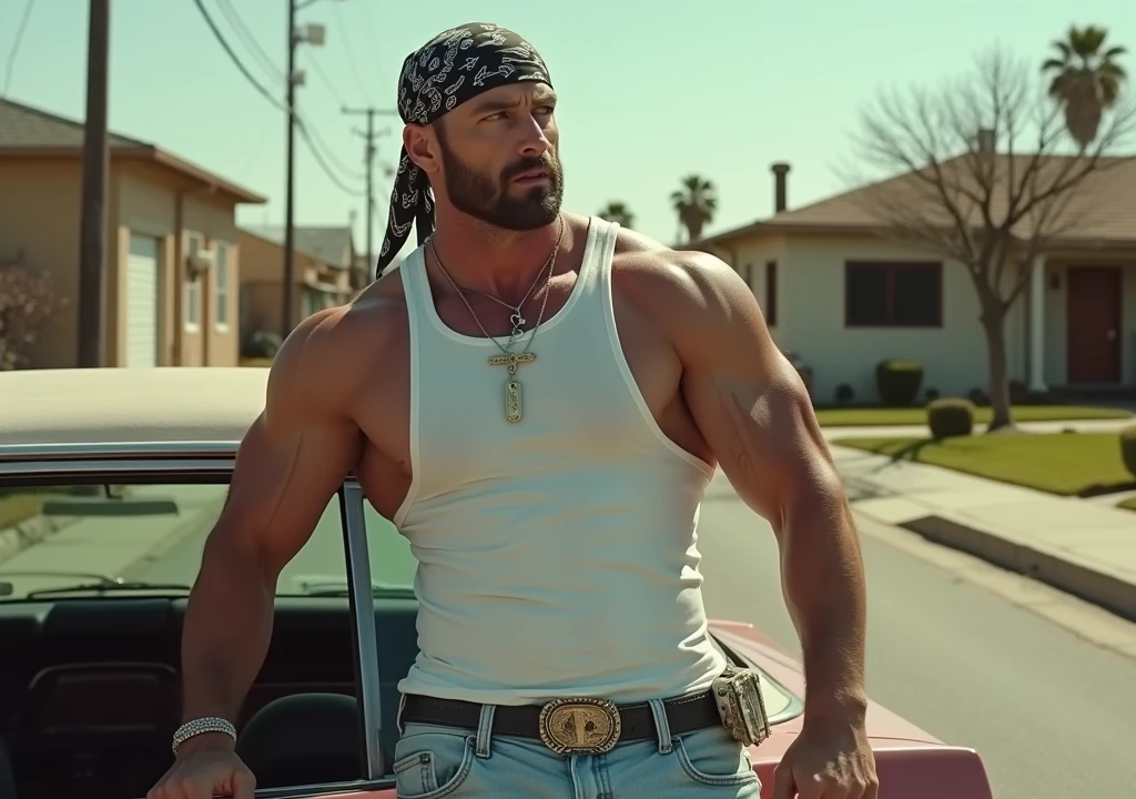 A hyper-realistic, 8K image featuring a heavily muscular Hugh Jackman wearing a white tank top and white Converse sneakers. He has a Mexican-style bandana tied around his head, resembling a gang member. Hugh is leaning back against a 1964 Chevrolet Impala, parked beside him. The background depicts a gritty suburban neighborhood in Compton, with run-down houses, overgrown lawns, and a tough, urban vibe
