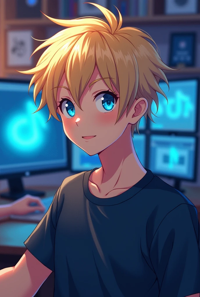 creates an image of a blond, blue-eyed teenage man, anime style, only create from chest up, It's for a music album logo, that has computer screens in the background, professional music study fund