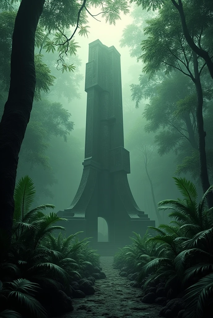 Brazilian Amazon rainforest with a scary monument in the center showing uncertainty and doubts 