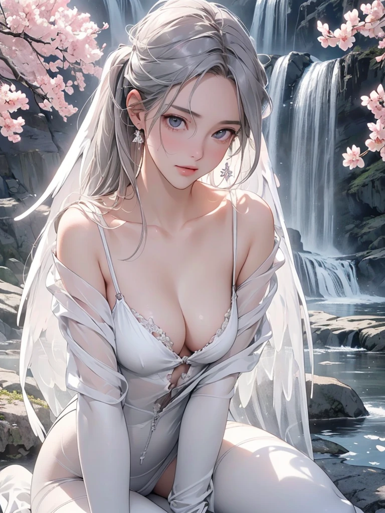 Top Quality, Masterpiece, Ultra High Definition, ((Photorealistic: 1.4), RAW Photo, 1 Girl, Gray Hair, Glossy Skin, Angel Girl, (Ultra Realistic Details)), Global Illumination, Shadows, Octane, 8k, Ultra Sharp , large, open cleavage, latex bodysuit, intricate decorative details, Egyptian details, Very intricate details, realistic light, CGSoation trend, purple eyes, gray eyes, sparkling eyes, Facing the camera, neon details, Angel Halo, blood vessel, medium chest, clothes are a little holey and exposed parts of the body are visible, Evangelion, white angel wings and gray color of clothes, a halo of white color glows, small glowing LED lamps (in the background there is a dazzling landscape with pink sakura trees and mountains with a waterfall.), a large one is visible piece of breast and nipple, also no panties, naked vagina, one of the greatest angels has just been reborn, around the divine sacredness in the background