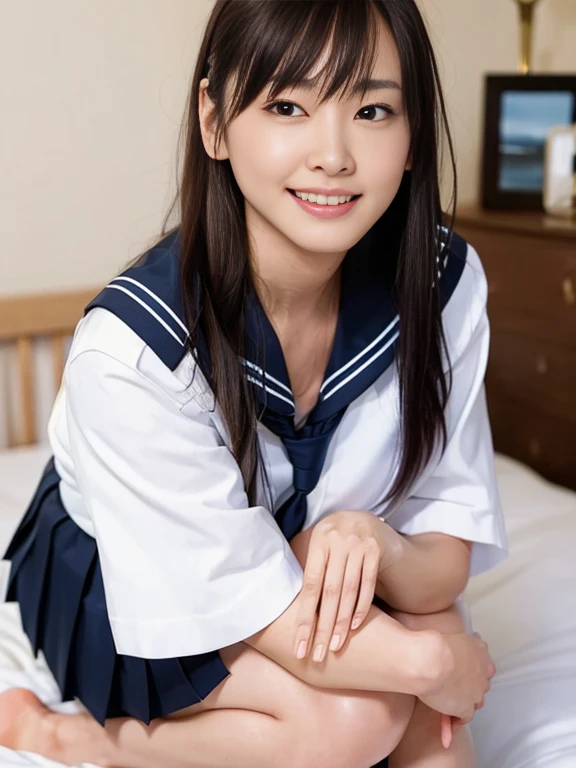 (Masterpiece, Best quality: 1.4), (Ultra realistic, Photo-realistic: 1.2), Full body, (kneeling: 1.2), Natural light, 25 years old actress, Japanese women, Neat and clean, (representative sailor suit:1.3), School type suit, (White short sleeve shirt, Darknavy collar:1.1), (unbutton:1.2), (Darknavy pleated skirt:1.3), (Darknavy necktie), Short ponytail, Short wavy hair, Light brown hair color, (Beautiful Face), Oval face, clear, (Beautiful eyes, Kind eyes), (Clear skin), Small face, (Small mouth, Beautiful mouth), Natural makeup, Approachable, Luxury hotel Suite room, On bed, (nsfw:1.4), Seductive smile, (Seductive pose:1.3), (Beautiful thighs:1.1), Bedroom eyes,
