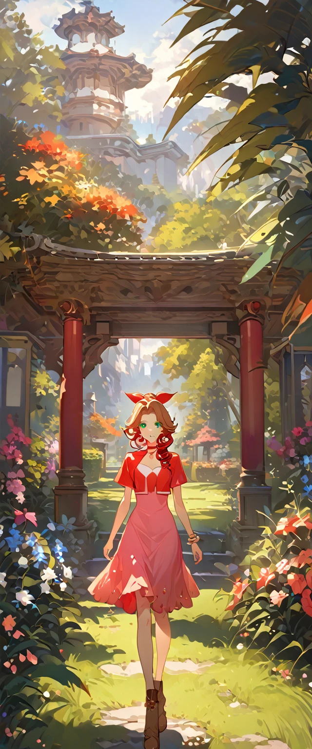 masterpiece, best quality, 8k, 4k, 1girl, aerith gainsborough, brown hair, high middle bang, longer side curly bang, long tight curly ponytail, green eyes, red hair ribbon, red bolero jacket, short sleeve jacket, cropped jacket, black tie choker, long pink straight dress, brown boots, bangles, walking in a garden, flowers, detailed background,, inspired by Asukaziye artist : ask, art style : ask