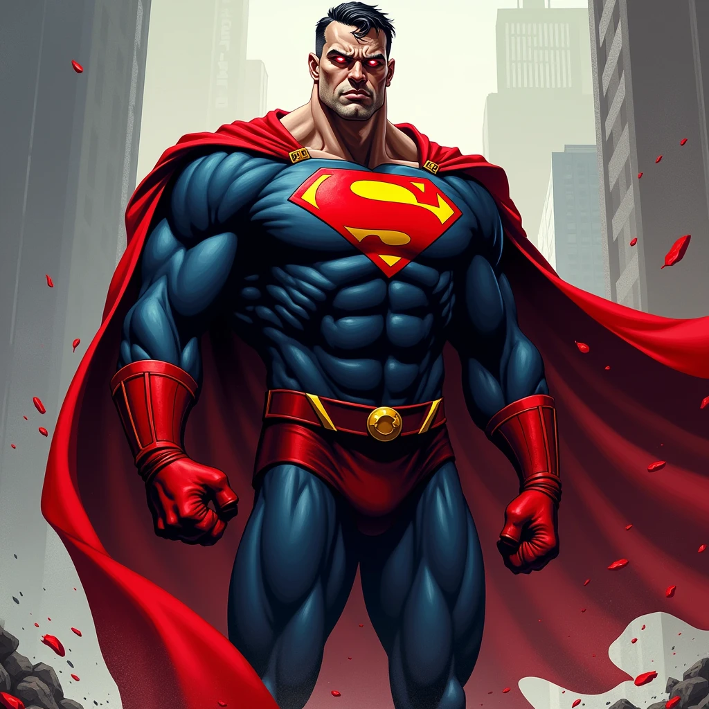 Appearance Captain Red has an imposing and terrifying presence. He wears a dark blue suit, adjusted to the body, with bright red gloves and boots. His red cape flutters in the wind, symbolizing the spilled blood of their victims. His face is cold and impassive, rarely showing any emotion. He has robust musculature and piercing red eyes that reflect his destructive nature..
