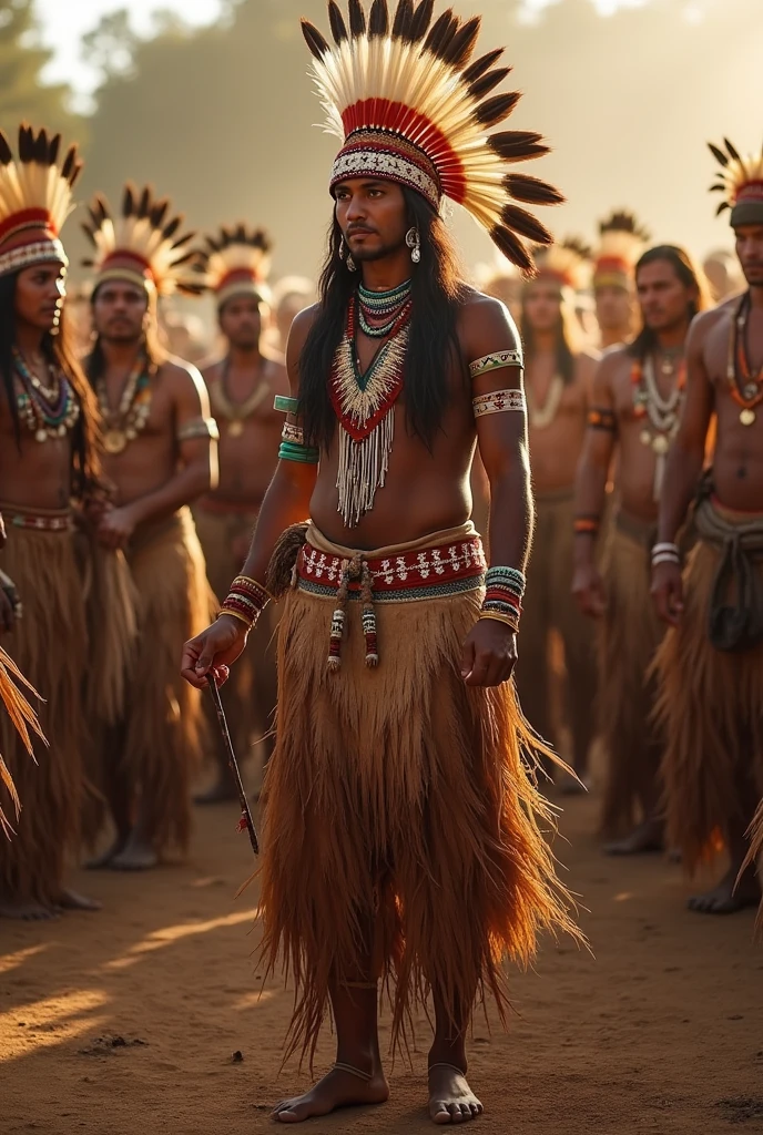 Men often wear loincloths made of natural fibers., decorated with shells, seeds or feathers. They wear braided feathers on their foreheads, the chest and waist, The latter being longer and arranged in the shape of a loincloth.. During the dances, The clothing is in natural tones and, In some cases, are combined with arches, arrows, Spears and javelins as hunting tools.