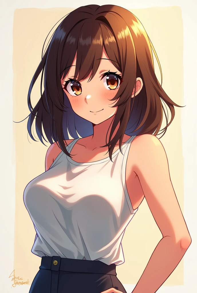 Girl with shoulder-length brown hair with a pronounced bust, brown eyes, smiling, white skin color, my hero academia style