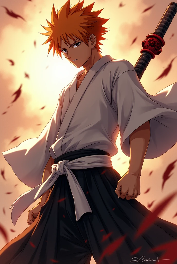 spiky orange hair, brown eyes, stern expression, black hakama, white sash, Zanpakuto on back, Bankai form, dramatic pose, anime style