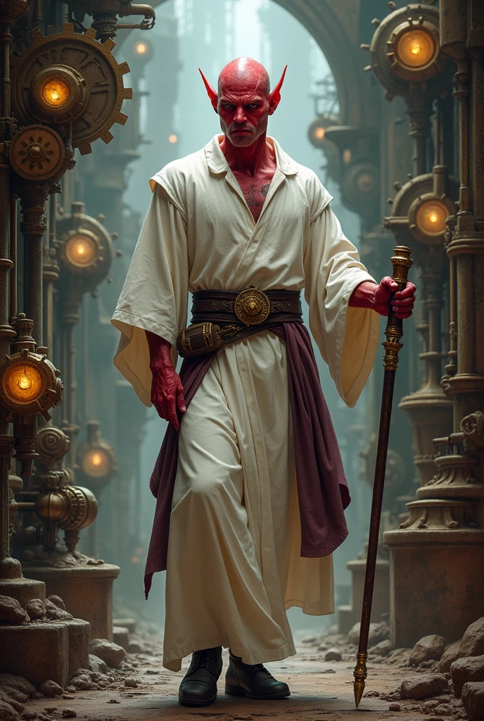 Tiefling men for Dugeons and dragons,bald ,tunic color white ,magician, tematic Steampunk ,with cane