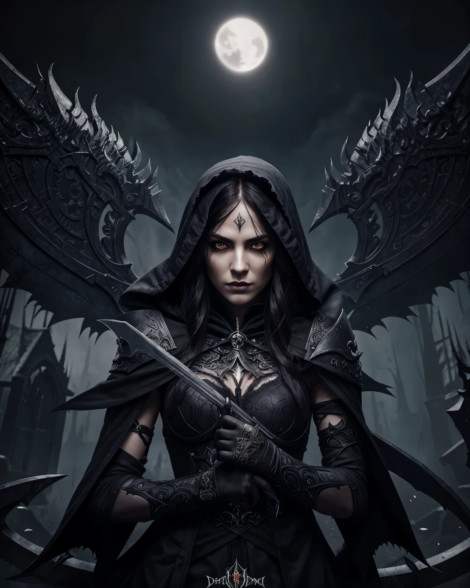 a female grimm reaper warrior, dark hooded robe, scythe weapon, gothic fantasy, intricate details, dark moody lighting, dramatic pose, intense glowing eyes, detailed facial features, long flowing hair, dark shadowy background, photorealistic, 8k, highly detailed, cinematic, dramatic lighting, dramatic atmosphere, striking pose