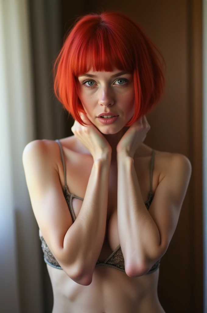 A naughty small-breasted girl with a red bob haircut shyly masturbates for the first time!