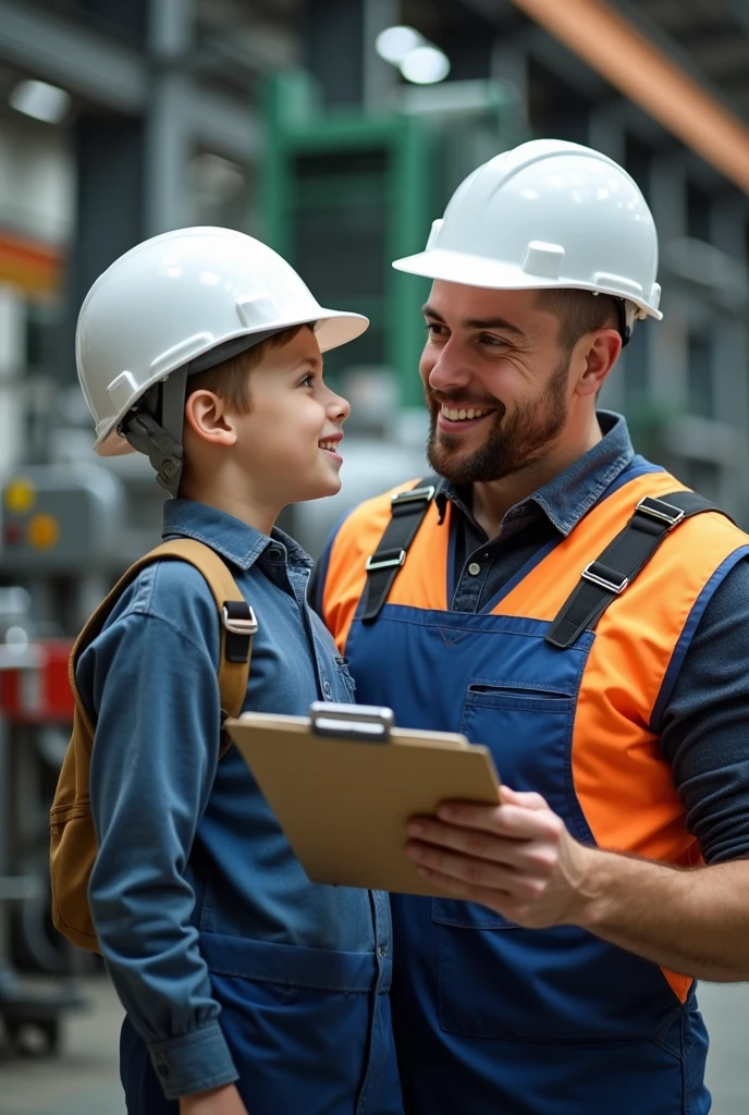 Industrial worker father with young son in a modern factory, both wearing safety gear and helmets, father holding clipboard and teaching son about large machinery, with background of industrial equipment and tools, in a well-lit, clean environment.