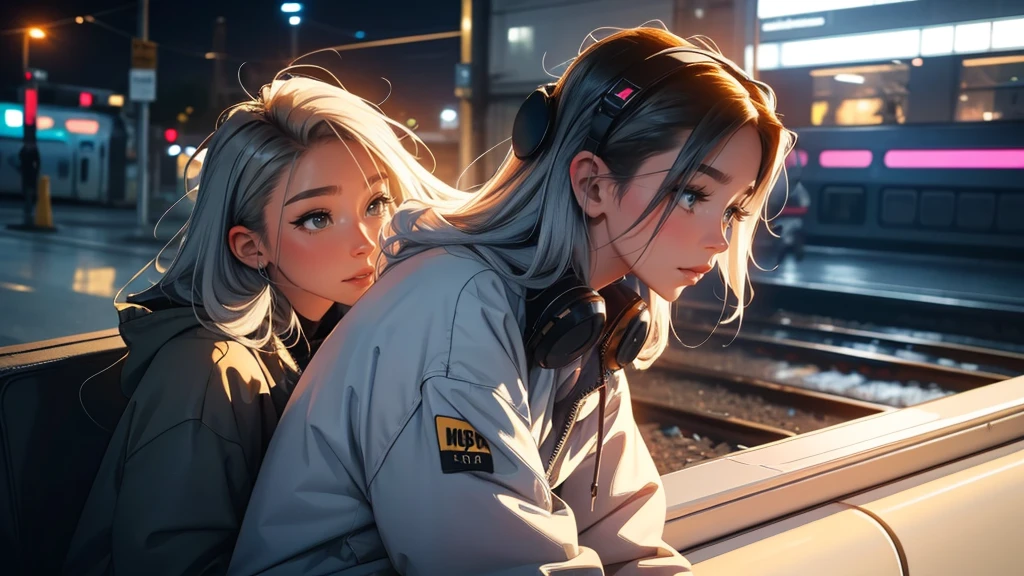 A girl wearing headphones and lost in thought, sitting by the train window at night, observing the passing scenery and shooting stars in the beautiful starry sky, wearing a stylish street fashion outfit, with long silver hair and colorful details, (best quality, 4k, 8k, highres, masterpiece:1.2), ultra-detailed, (realistic, photorealistic, photo-realistic:1.37), detailed eyes, detailed lips, extremely detailed face, long eyelashes, hiphop street fashion, vibrant colors