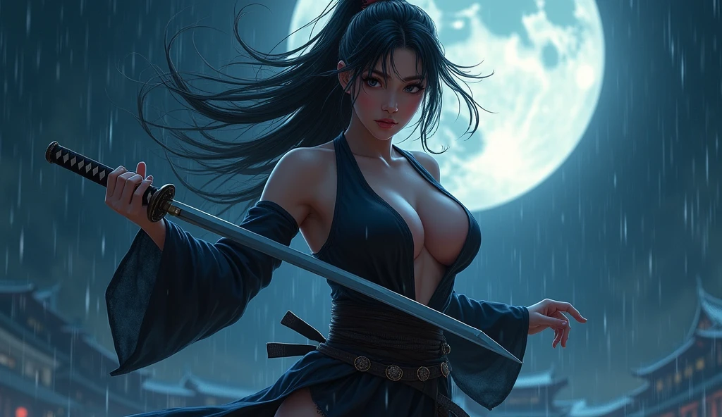 beautiful japanese woman with big breasts in a revealing short ninja costume, night, big moon, moonlight, strong wind, raindrops, katana in hands, preparing to strike, fighting pose, confident look