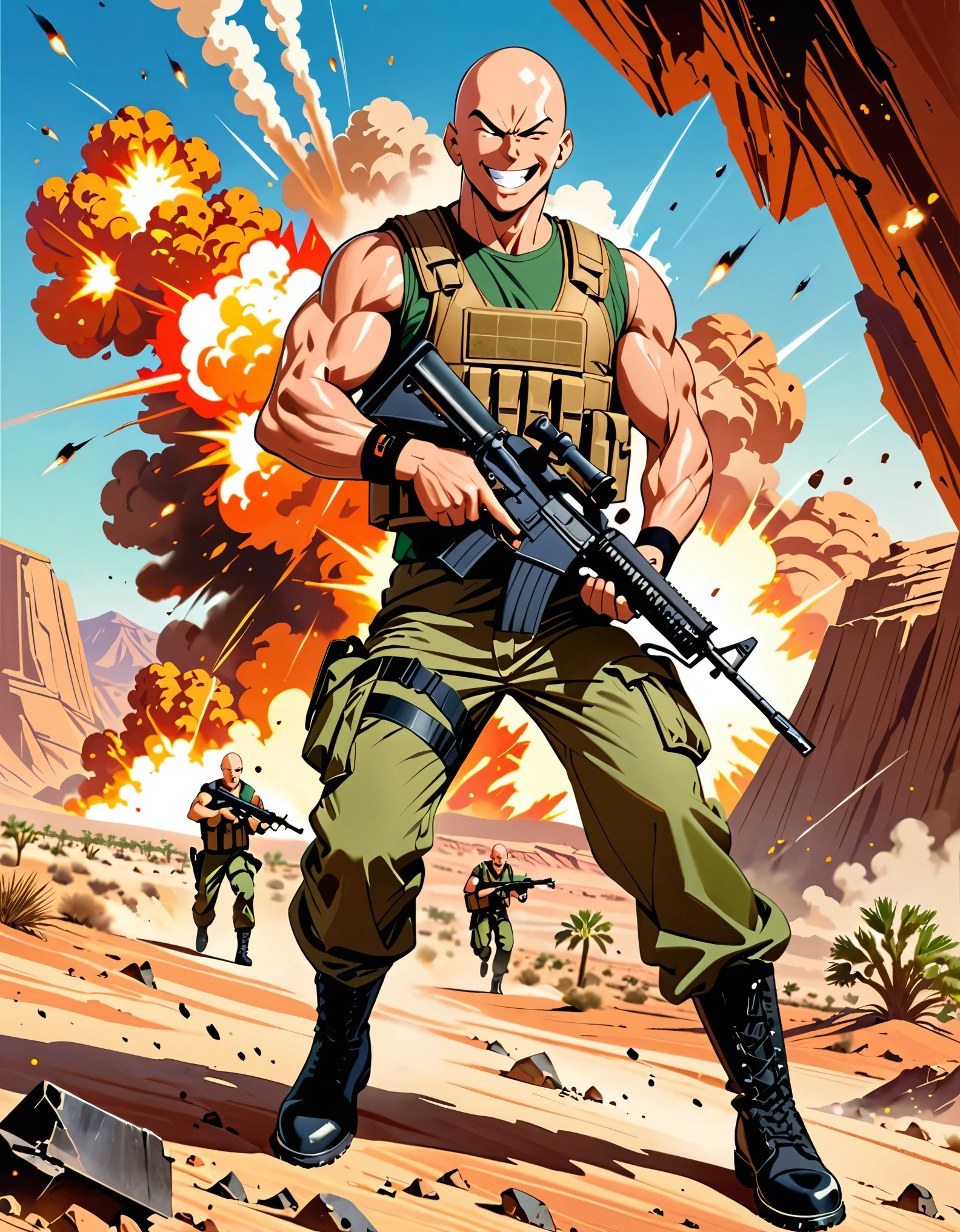 (masterpiece), (best quality), (high res), 1boy, solo, solo focus, male focus, bald head, green eyes, full body, British, muscular, pectorals, sleeveless green shirt, assault vest, green cargo pants, black combat boots, green wristbands. dynamic action pose, looking at viewer, using assault rifle, (smug look, big smile, clenched teeth), (smoking). semi-cartoon style, desert backdrop, embers, explosions, daytime, Cowboy Shot. adventure atmosphere, movie poster, action movie poster, 80's movie poster style.