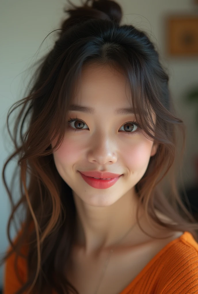 Tabletop, Highest quality, shape, Very detailed, finely, High resolution, 8k wallpaper, 完璧なダイナミックな構shape, Beautiful and detailed,ランダムなcute髪,,Natural color lip, Bold sexy pose,smile、20-year-old girl、cute、Looking into the camera,Always blur the background,Perfect and beautiful face,Slim face and figure,Big eyes、Putting on gal makeup,Small face,Shooting from below、smile,Blurred Background,Elegant feminine face、Cyberpunk Fashion、smile、Change pose randomly、Randomly change the shooting angle and position、One person