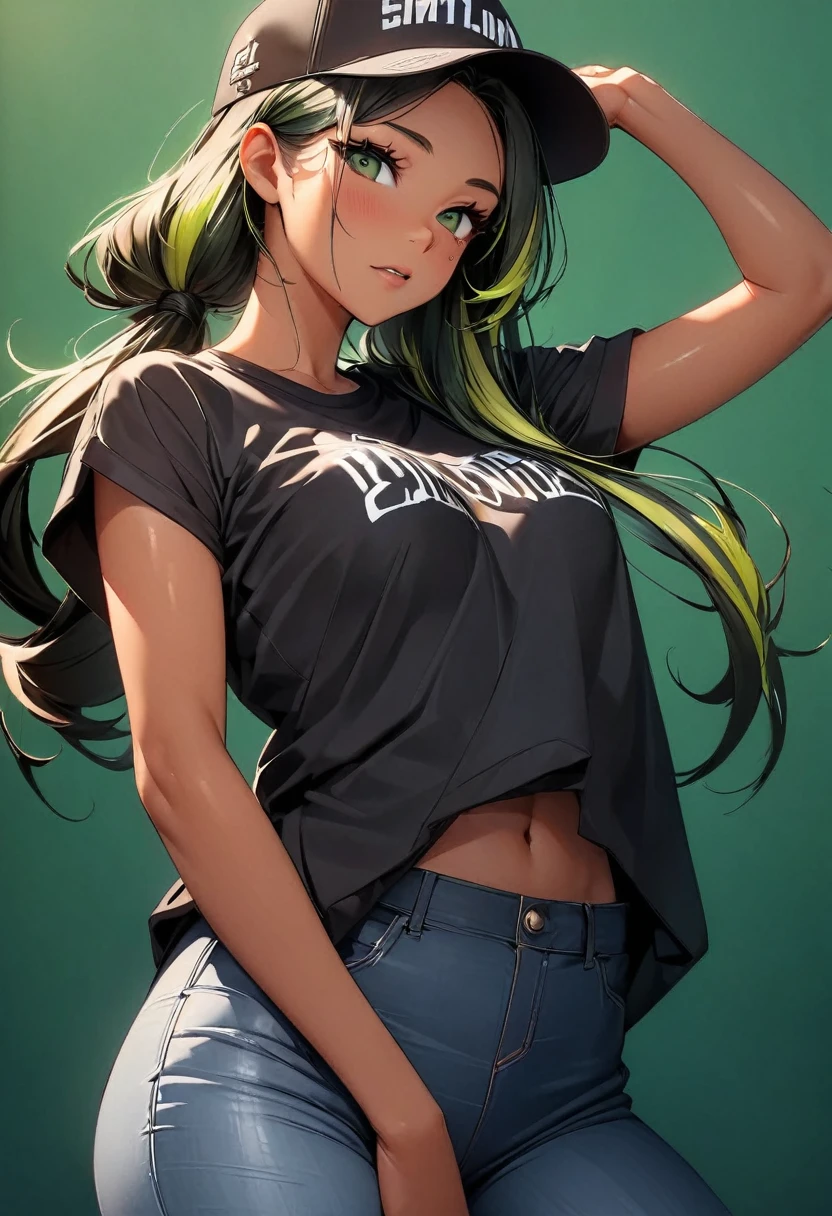 (highest quality:1.2, Very detailed, up to date, Vibrant, Ultra-high resolution, High Contrast, masterpiece:1.2, highest quality, Best aesthetics), Portraiture、girl、((25 years old:1.5)), (slim:1), ((25 years old:1.3)), black tank top, jeans, long hair, ponytail, white and yellow green ((streaked hair:1.6)), highlights hair: 1.5, (small breast,:1) (tan skin:1.1), standing, Front facing, Bright colors、Beautiful fine details、Beautiful lip detail、(No background:1.4), ((Plain white background:1.3)), (cowboy shot:1.5), look at viewer
