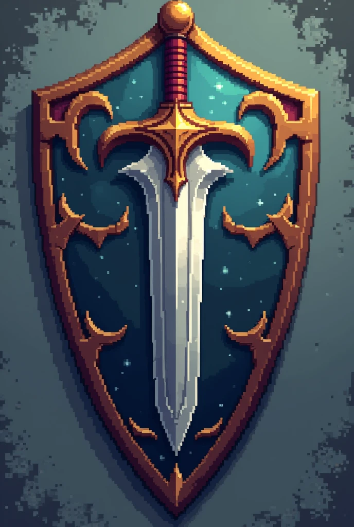 "In a fantasy world full of epic battles, You are summoned to create a legendary sword design, Known as Aegis. Aegis is a legendary sword，Placed inside the shield, Represents strength and protection. Your mission is to use your pixel art skills to create impressive Aegis representations. The shield should have a strong and imposing appearance, Details and textures reflect its powerful nature. The sword inside the shield should convey both elegance and danger. Use limited colors to create clarity, Striking pixelated image. Get creative with details and shadows，Bring Aegis to life, Become a feared and admirable weapon in the game world. Show off your pixel art skills，And create amazing pixel art from Aegis，to please the players!"
