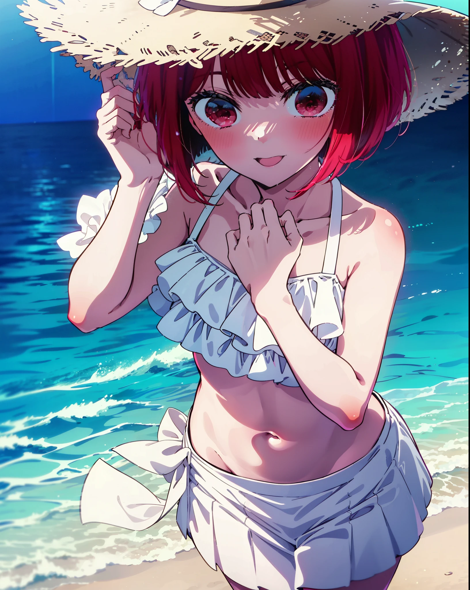 canary, Arima etc., short hair, bangs, (Red eyes:1.3), Redhead, Bobcut, Straw hat,smile,Open your mouth,blush,White string bikini swimsuit with frills,Belly button,abdomen,A thin long skirt is wrapped around her waist,barefoot,Sandy Beachを散歩している,whole bodyがイラストに入るように,
break outdoors, Sandy Beach,Beach,
break looking at viewer,whole body, 
break (masterpiece:1.2), Highest quality, High resolution, unity 8k wallpaper, (figure:0.8), (Beautiful attention to detail:1.6), Highly detailed face, Perfect lighting, Highly detailed CG, (Perfect hands, Perfect Anatomy),