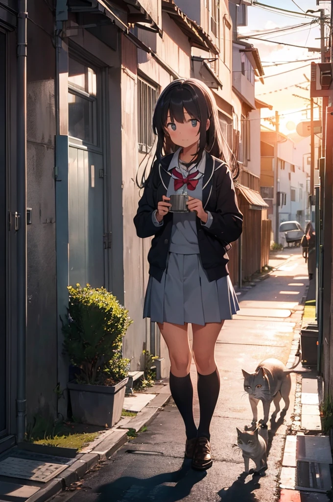 girl in school uniform feeding a grey cat, alleyway, sunset, 50mm lens