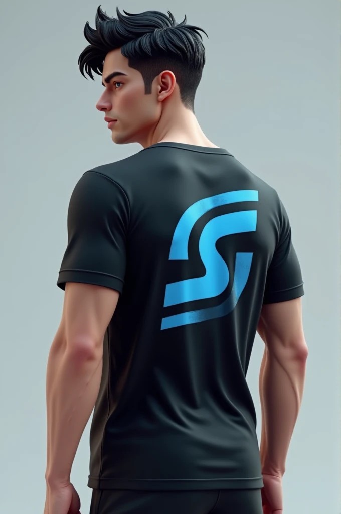 3D cowok cool, handsome, Esports game wears a black shirt with Sty-c written in blue on the back