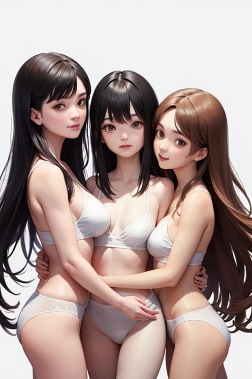 All 3 people are fully topless.、Bare shoulders、Bare Chest、Highest quality、High resolution、Detailed Background、Cute 、(Three Women:1.5)、Brown Hair、short hair、Cute hairstyle、Bare Chest:1.2、Red pleated chool Area、looks fun、Laugh playfully、smile、sexual expression