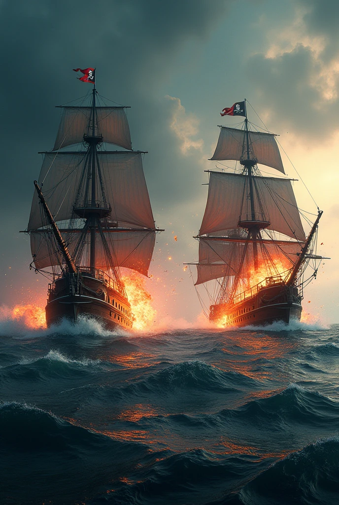 Pirate War, ((Masterpiece, top quality, high resolution, highly detailed CG unified 8K wallpaper)), (dramatic seascape of two pirate ships firing cannons at each other at close range:1.5), a spectacular and dynamic poster with columns of fire and water, rain and thunder; a pirate flag with a skull symbol waving in a gust of wind; cannonballs flying and causing explosions, throwing debris into the air; ominous dark clouds in the sky threatening rain and chaos; an adventure movie poster; a pirate ship with a skull symbol in a pirate ship's hull. ominous dark clouds looming in the sky, threatening rain and chaos on the open sea, adventure movie poster,