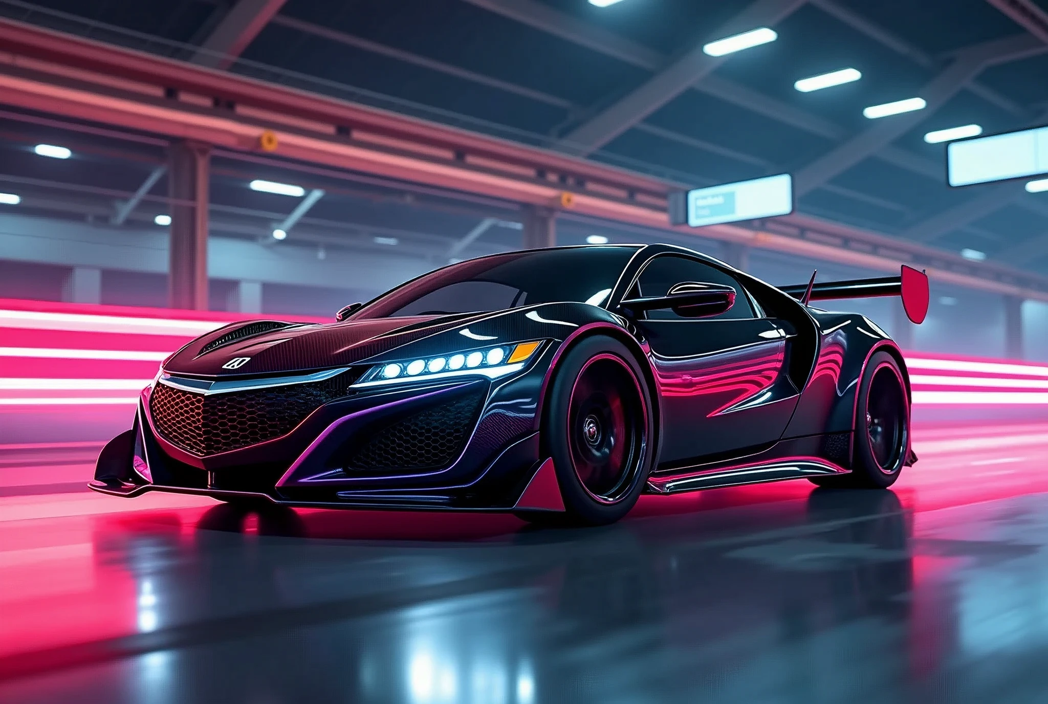 ((A photo realistic image of a Acura NSX))), ((Wide View)), (setting race track), ((wide shot)) , sharp, detailed car body , detailed tires, (masterpiece, best quality, ultra-detailed, 8K), race car, street racing-inspired, Drifting inspired, LED, ((Twin headlights)), (((Bright neon color racing stripes))), (Black racing wheels), Wheel spin showing motion, Show car in motion, Burnout, wide body kit, modified car, racing livery, masterpiece, best quality, realistic, ultra high res, (((depth of field))), (full dual color neon lights:1.2), (hard dual color lighting:1.4), (detailed background), (masterpiece:1.2), (ultra detailed), (best quality), intricate, comprehensive cinematic, magical photography, (gradients), glossy, Fast action style, Sideways drifting in to a turns,