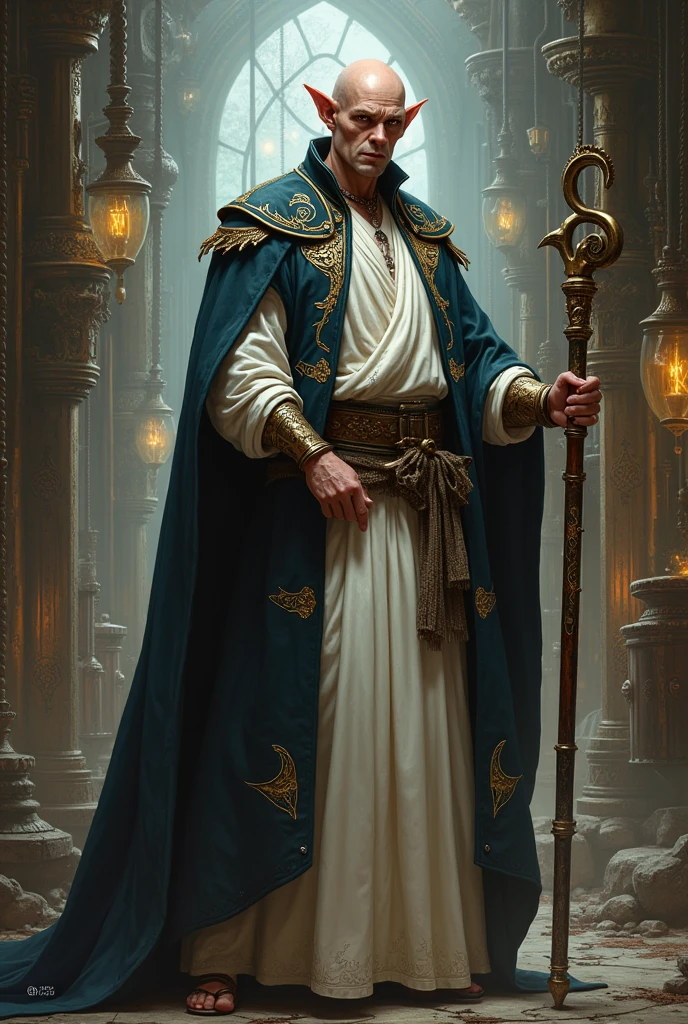  Tiefling men for Dugeons and dragons,bald ,tunic color white ,magician, tematic Steampunk ,with cane