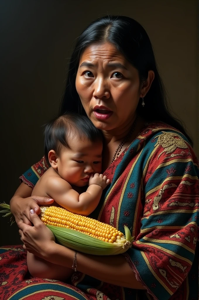 masterpiece, realist, high contrast, Abraham Bloemaert painting style, indigenous mexican woman,light, with Mexican embroidered shawl, breastfeeding her baby, and held a corn cob, shocking look, great handling of light and dark, Angel of Caceres, photography by uma damle, style photo by uman damle