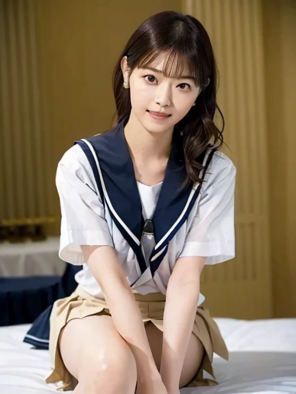 (Masterpiece, Best quality:1.4), (Ultra realistic, Photo-realistic:1.2), Full body, kneeling, Natural light, 25 years old actress, Japanese women, Neat and clean, (representative sailor suit:1.3), School type suit, (White short sleeve shirt, Darknavy collar:1.1), (Darknavy pleated skirt:1.3), (Darknavy necktie), Short ponytail, Short wavy hair, Light brown hair color, (Beautiful Face), Oval face, clear, (Beautiful eyes, Kind eyes), (Clear skin), Small face, (Small mouth, Beautiful mouth), Natural makeup, Approachable, Luxury hotel Suite room, On bed, Seductive smile, (Seductive pose:1.2), (Beautiful thighs:1.1), Bedroom eyes,