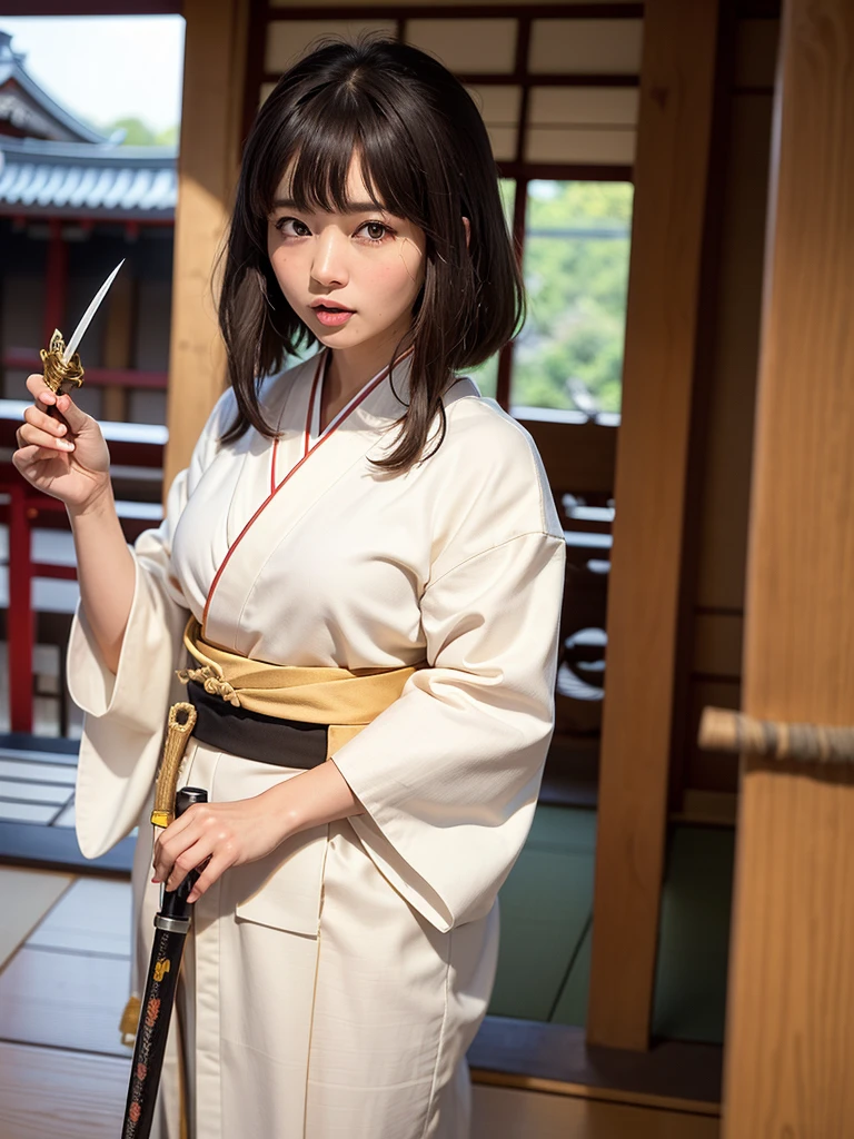 ( bangs, blunt bangs, brown hair, short hair, Straight hair, Depth of written boundary, f/4.0, 135mm, Nikon, uhd, masterpiece, Textured skin, Super detailed,4K,Wide-area lighting),(Beautiful woman: 1.4、Very white skin、Fine grain、 double eyelid)、(((Wearing a kimono、Full body view、Sengoku period、Japanese-style building、Holding a Japanese sword、A terrifying expression)))