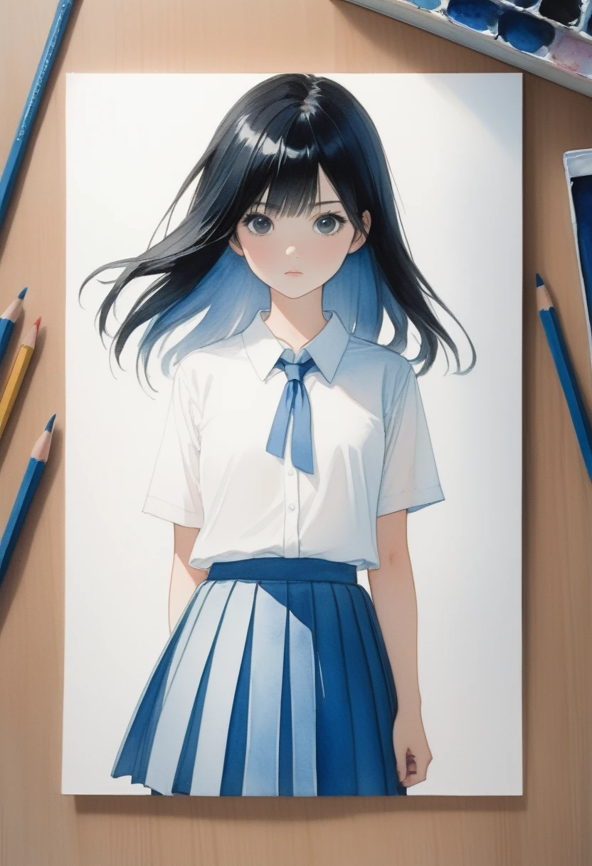 Pencil outline watercolor painting, a Japanese girl, straight black hair, white shirt, blue pleated skirt, symmetrical, ephemeral, serious face, from front, look at viewer, innocent