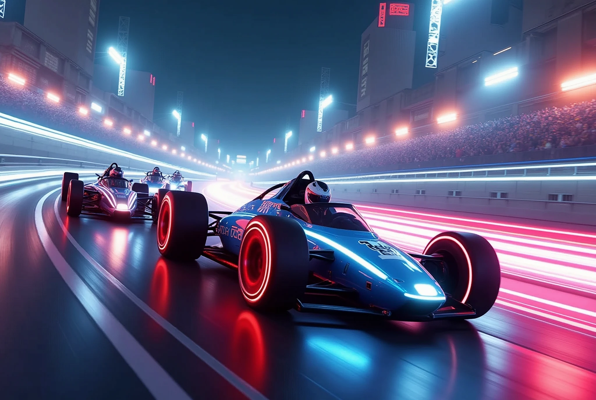 A high-energy digital artwork of a futuristic racing event, with sleek, high-speed vehicles on a neon-lit track, the crowd cheering, and the racers in dynamic poses, conveying the excitement and innovation of future sports. ,photography, Natural geographic photo, Hyper-realistic, 16k resolution, (masterpiece, award winning artwork), many details, extreme detailed, full of details, Wide range of colors, high Dynamic, OverallDetailXL,