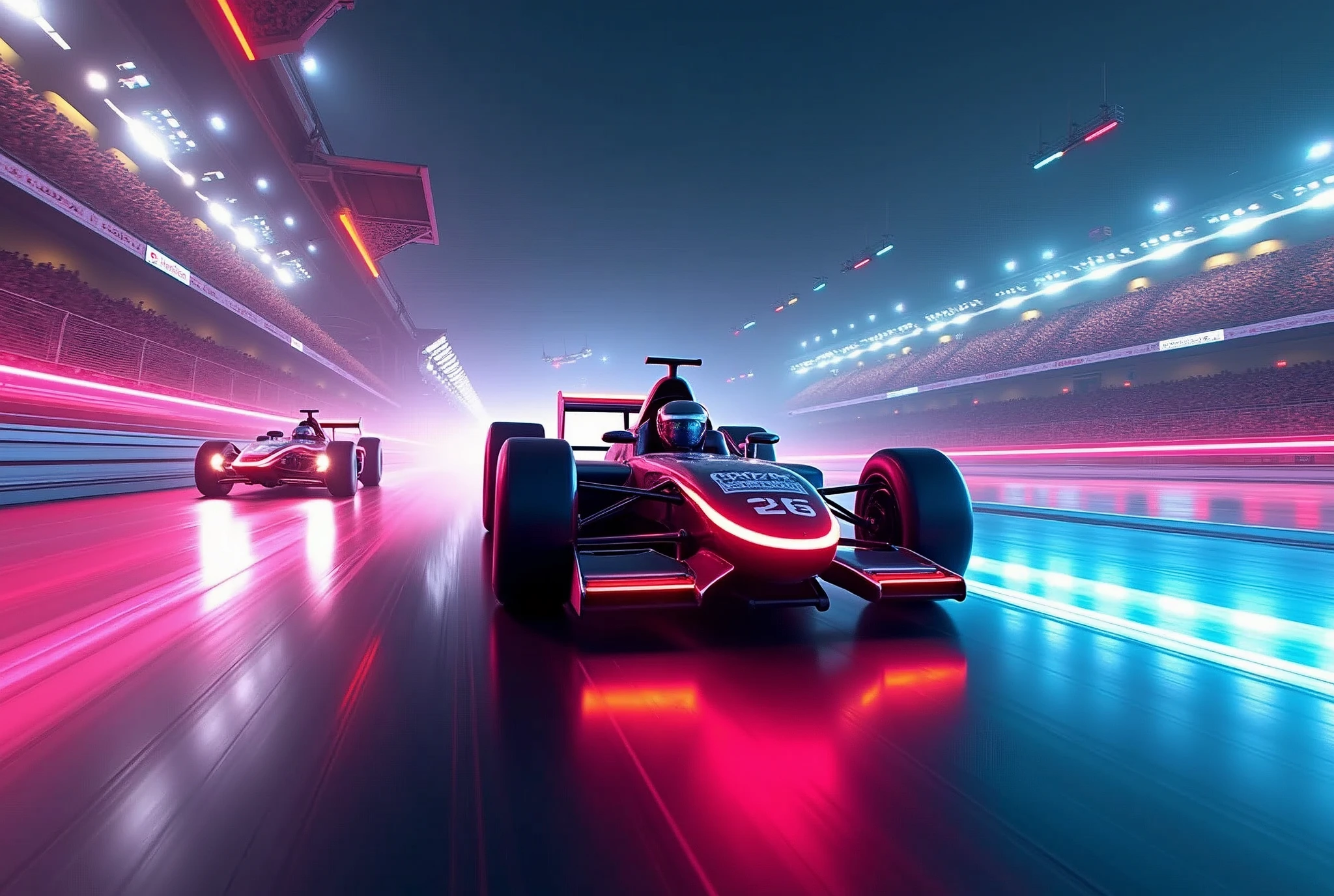 A high-energy digital artwork of a futuristic racing event, with sleek, high-speed vehicles on a neon-lit track, the crowd cheering, and the racers in dynamic poses, conveying the excitement and innovation of future sports. ,photography, Natural geographic photo, Hyper-realistic, 16k resolution, (masterpiece, award winning artwork), many details, extreme detailed, full of details, Wide range of colors, high Dynamic, OverallDetailXL,