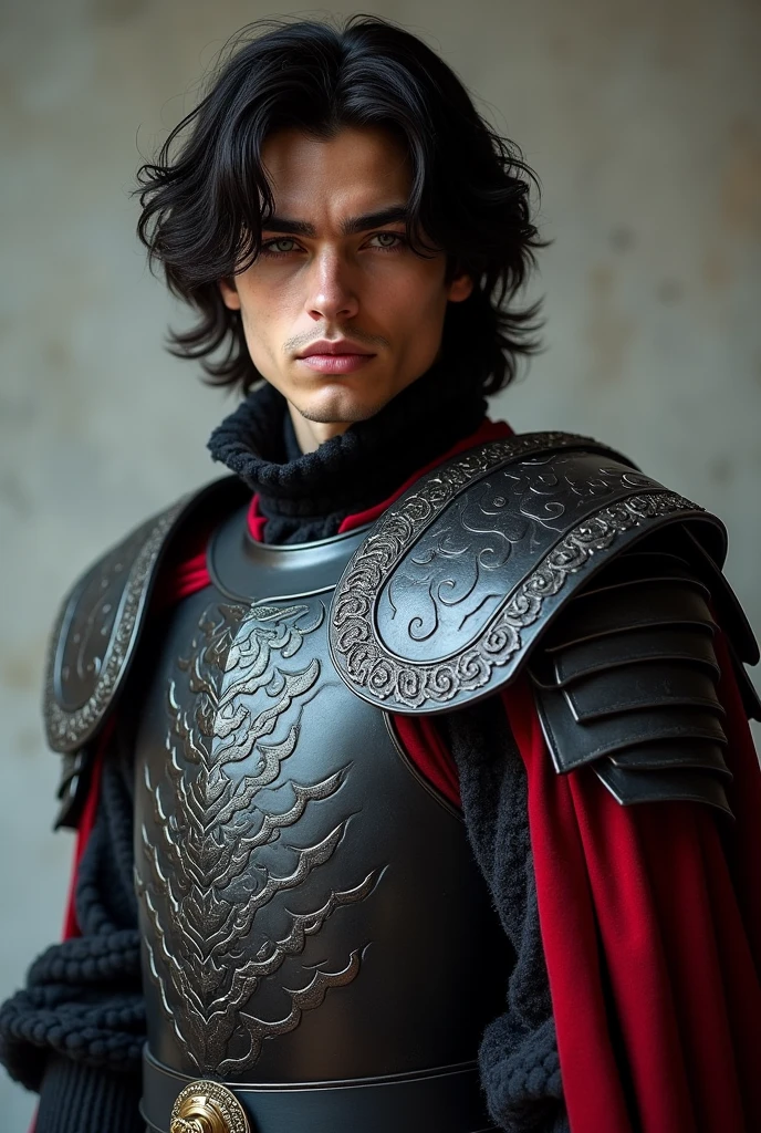 handsome young man with messy neck length black hair and dark eyes, clad in black and red targaryen armor with dragon scale pattern. Full-body image.