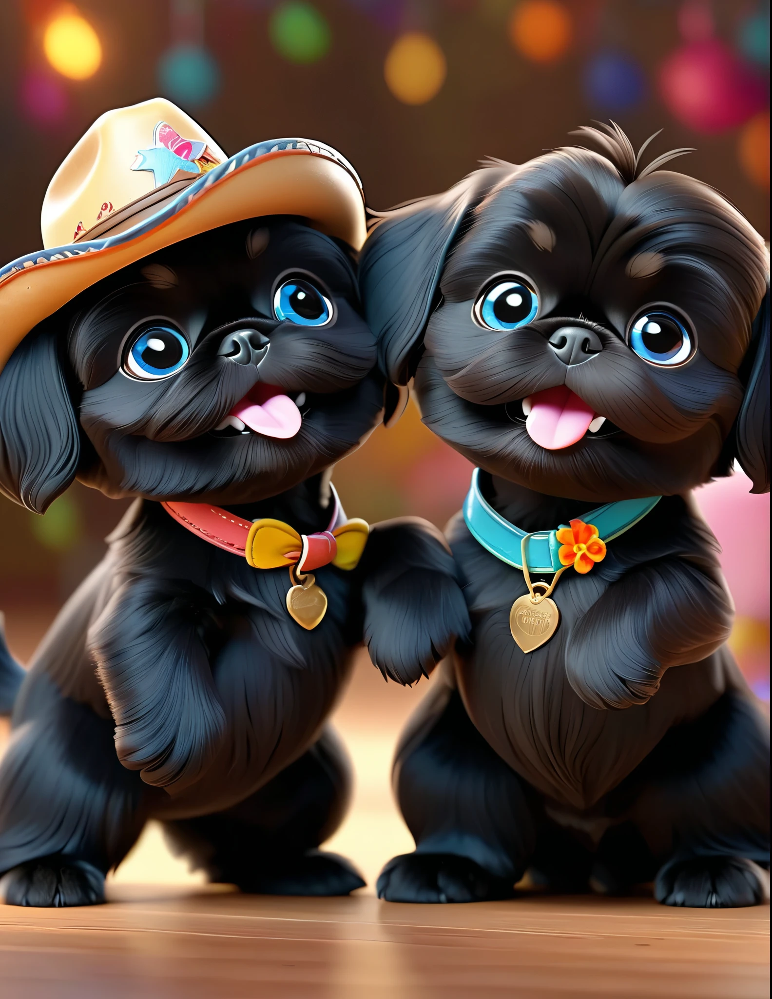 2 adorable black shih tzu puppies with big blue eyes, wearing colorful collers and cowboy hats, dancing on disney dance floor, 3D Pixar style,(best quality,4k,8k,highres,masterpiece:1.2),ultra-detailed,(realistic,photorealistic,photo-realistic:1.37),studio lighting,vivid colors,extremely detailed eyes and face,longeyelashes,cute,playful