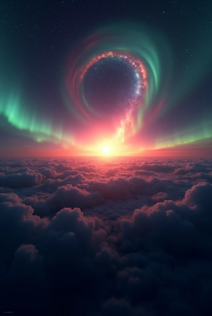 All black space with a bright light at the end, surrounded by different colored aurora borealis