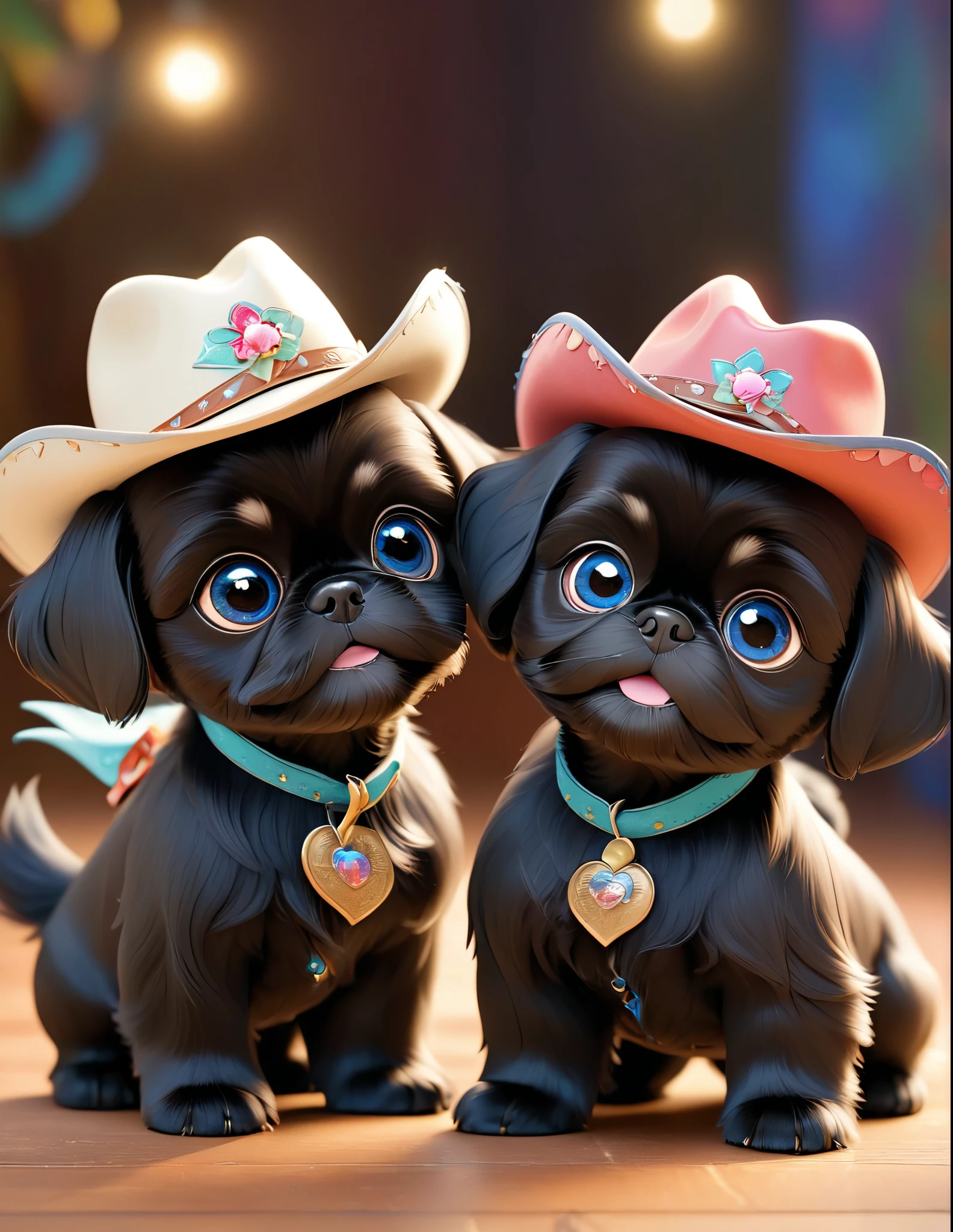 2 adorable black shih tzu puppies with big blue eyes, wearing colorful collers and cowboy hats, dancing on disney dance floor, 3D Pixar style,(best quality,4k,8k,highres,masterpiece:1.2),ultra-detailed,(realistic,photorealistic,photo-realistic:1.37),studio lighting,vivid colors,extremely detailed eyes and face,longeyelashes,cute,playful