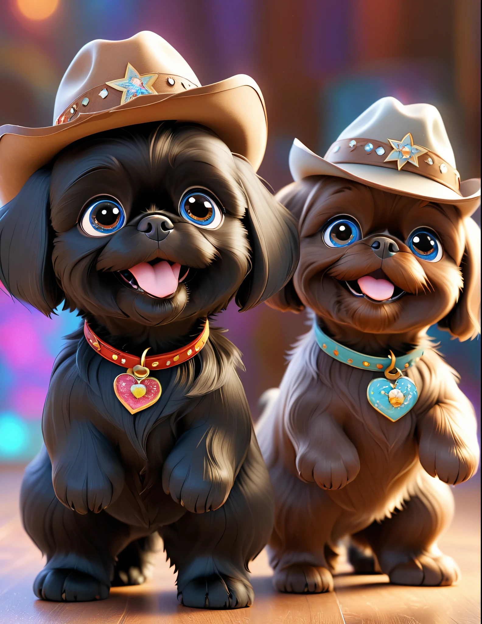 2 adorable black shih tzu puppies with big blue eyes, wearing colorful collers and cowboy hats, dancing on disney dance floor, 3D Pixar style,(best quality,4k,8k,highres,masterpiece:1.2),ultra-detailed,(realistic,photorealistic,photo-realistic:1.37),studio lighting,vivid colors,extremely detailed eyes and face,longeyelashes,cute,playful