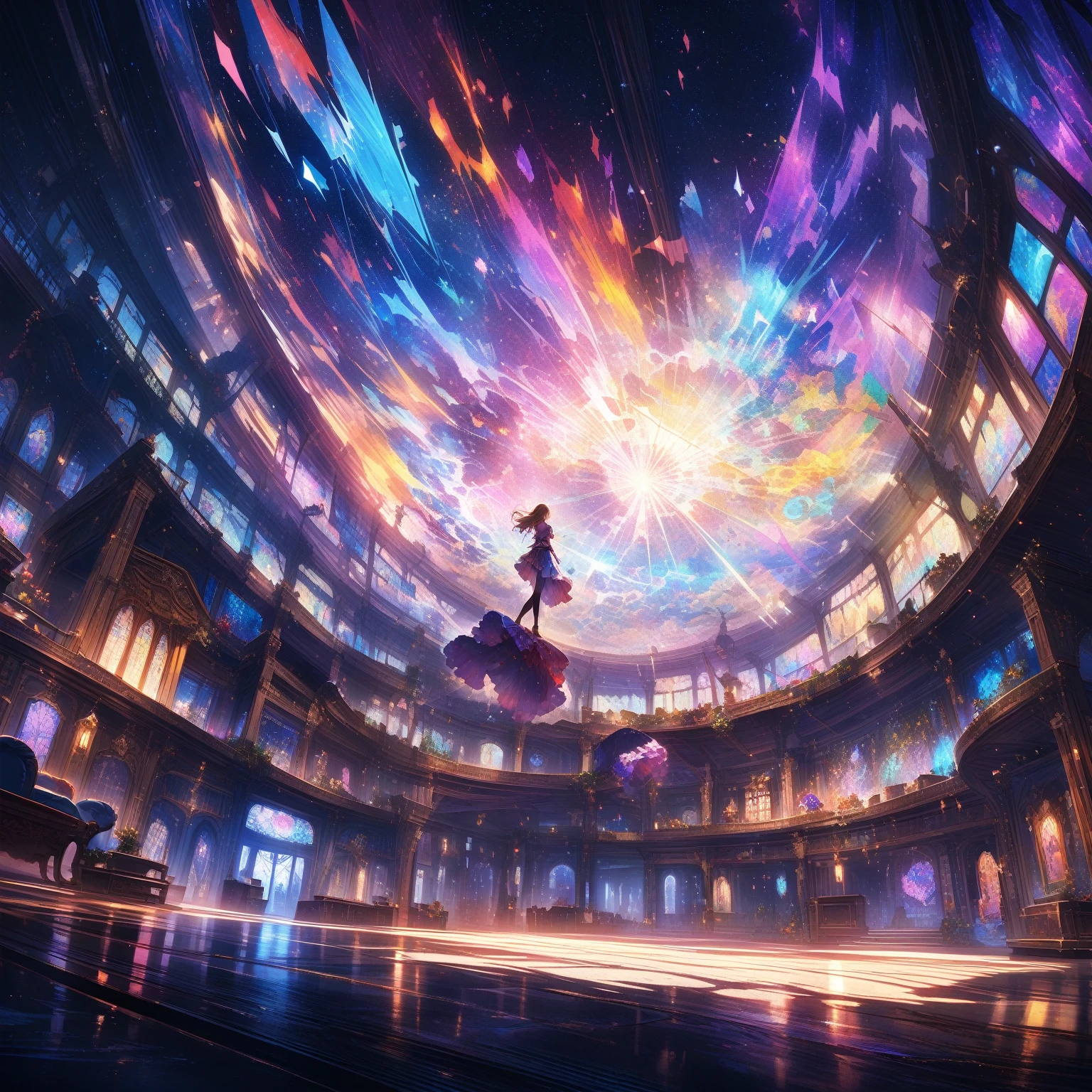 A girl is dancing acrobatically in the starry sky, surrounded by constellations, on black background, white stars and lines forming constellations around her silhouette, light art installation style, high resolution, dreamy effect, fantastic scenery, minimalist design. --ar 3:4 --niji 6, A vibrant, detailed digital painting of an enchanted room filled with magical blue and purple crystal objects, tarot cards, amulets, runes on the walls, shelves, tables, couches, windows, magical artifacts like glowing crystals, ornate wooden furniture. The color scheme is vivid and striking, creating a dreamy atmosphere. colorful illustrations, highly detailed, high resolution, natural lighting, sharp focus, highly detailed illustration, high definition, in the style of octane rendering, hyper realistic. --ar 3:4 --niji 6, ((32k)), ((best quality)), ((ultra high res)), ((HDR)), ((UHD)), ((extremely detailed CG)), ((unity 32k wallpaper)), ((illustration)),